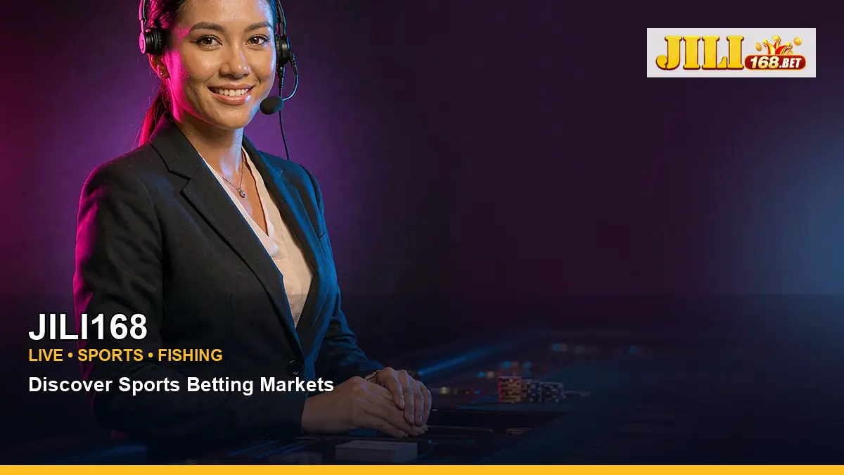 JILI168 live casino table games featuring an adult Filipina casino host with a portrait right space composition