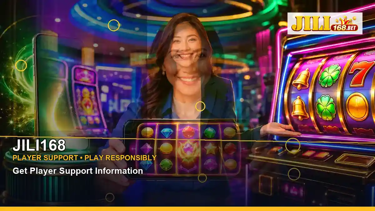 JILI168 lucky reels online slot games featuring an adult Filipina casino host with a right close-up composition